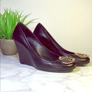 Black Leather Tory Burch Wedges with Gold Hardware